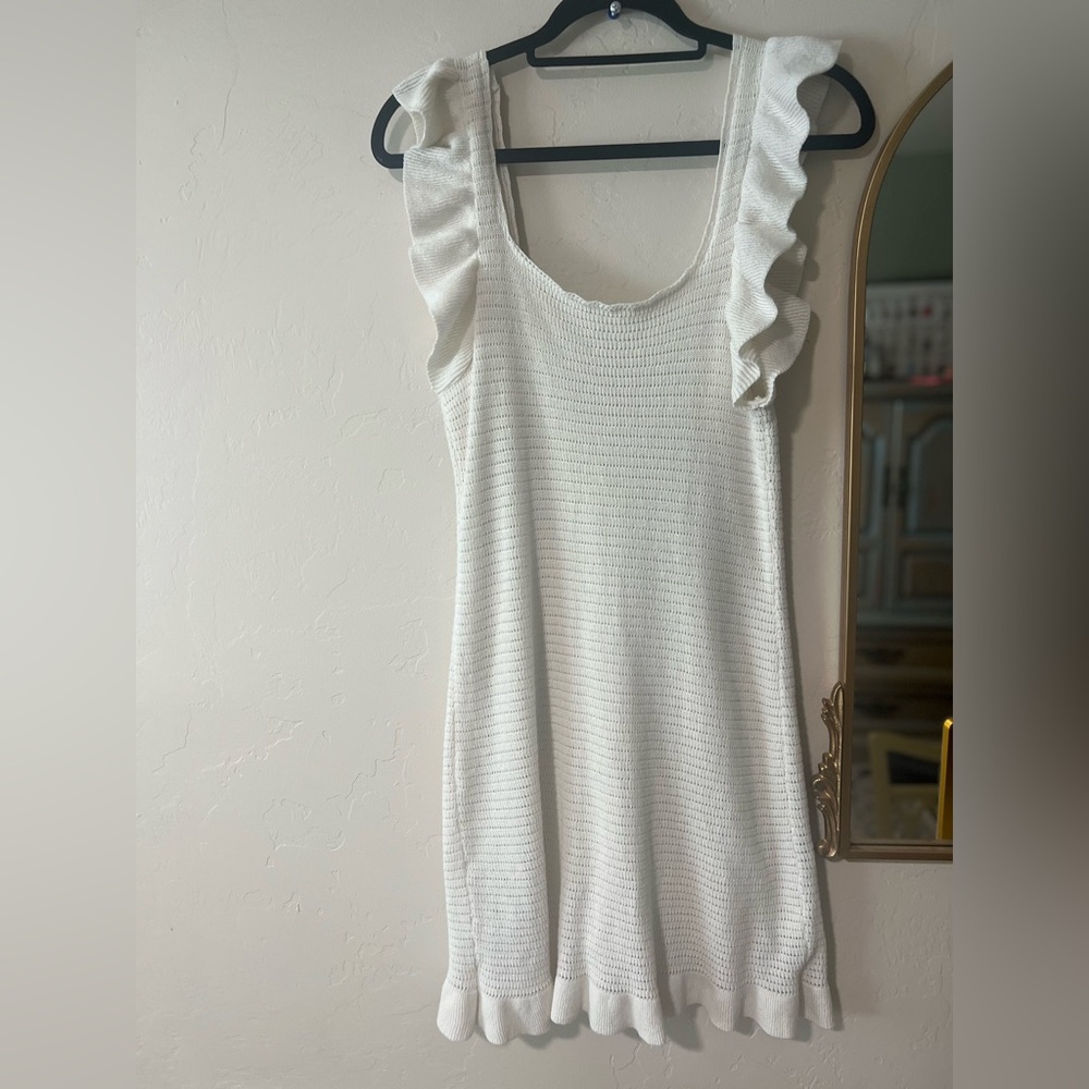 Anthropologie Ruffled Pointelle Mini Dress Knit Ivory Elegant Size M